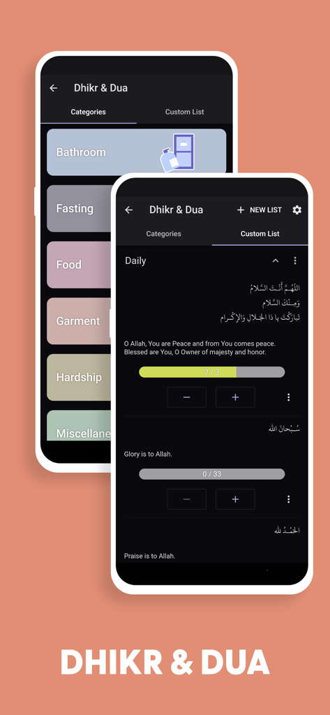 Screenshots of the Dhikr and Dua module in Salam App showing categorized prayers and a daily dhikr counter with Arabic and English text.