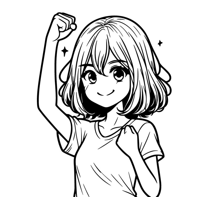 a realistic gril with shoulder length hair celebrating with a fist pump
