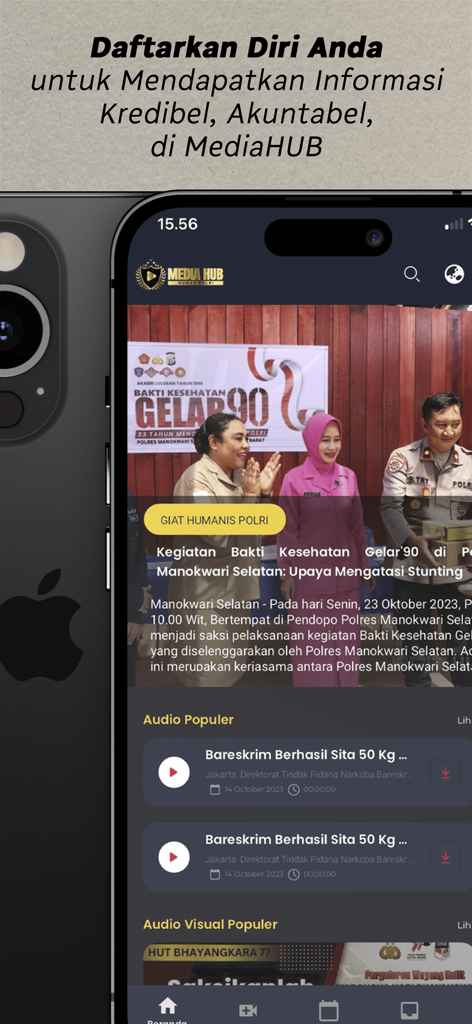 MediaHub Mobile - MediaHub Mobile app interface showing news headlines and audio reports from the Indonesian National Police.
