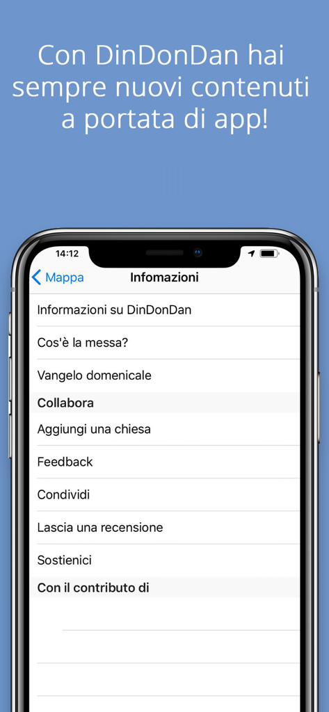 DinDonDan - Menu informazioni dell'app DinDonDan che mostra opzioni per il Vangelo della Domenica e i contributi della comunità