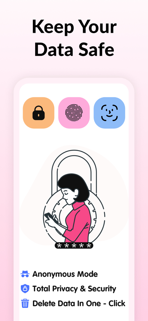 Period tracker app screen showcasing data security features including anonymous mode and biometric login options