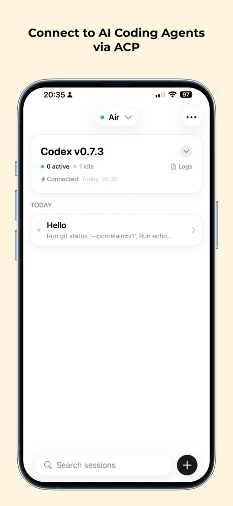 Agmente - Agmente mobile app interface showing a connected AI coding agent named Codex via ACP.