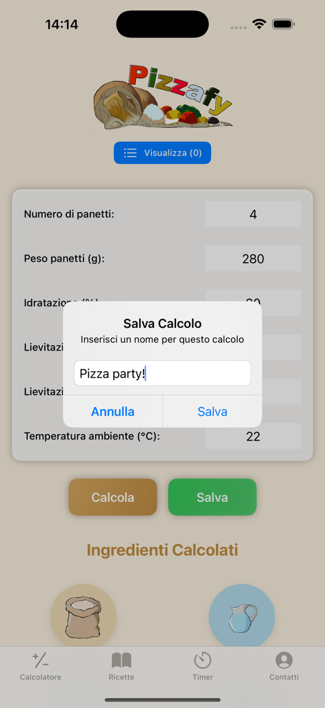 Interfaz de la aplicación Pizzafy que muestra una ventana emergente para guardar una receta de masa de pizza personalizada llamada "Fiesta de Pizza".
