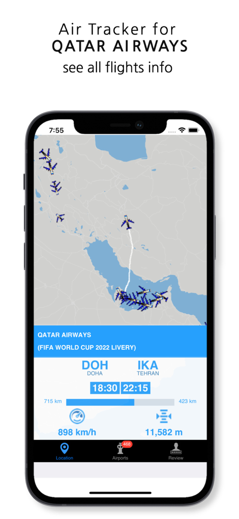 Qatar Airways flight tracker app interface showing aircraft positions on a map and real time flight statistics