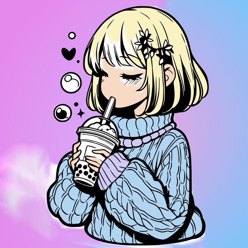manga girl drinking boba in cozy sweater