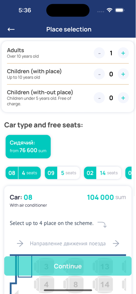 Uzrailways tickets app seat selection screen with car types and passenger options