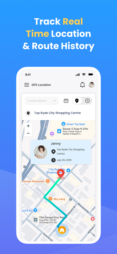 SpyX: Phone Monitoring App - SpyX phone monitoring app screen showing real-time GPS location and route history on a map.