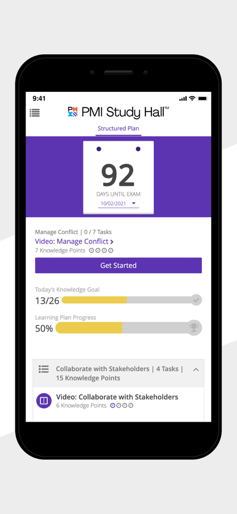 PMI Study Hall app dashboard showing a structured PMP exam study plan with a countdown timer and progress tracking bars