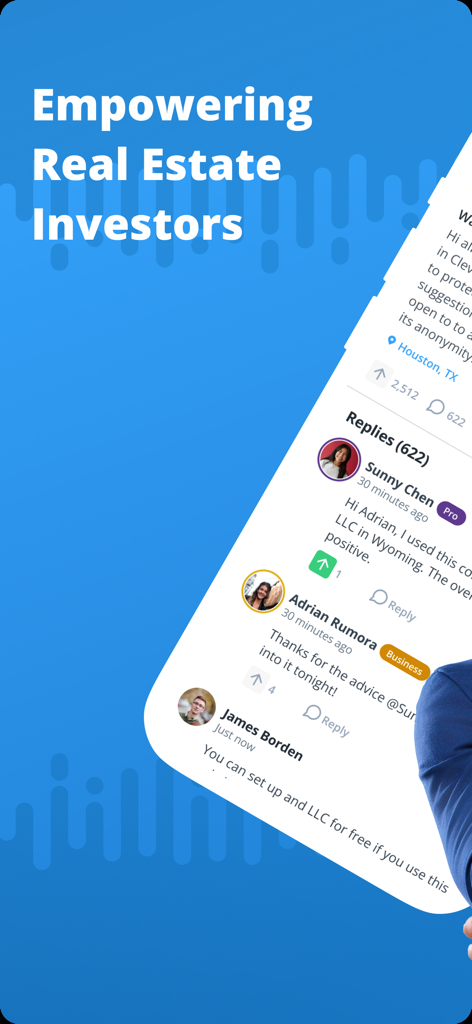 BiggerPockets app screen displaying a real estate investment community forum with user interactions and advice.