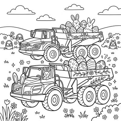 Get ready for a unique Easter celebration with our heavy-duty articulated haulers! These powerful trucks are decked out with cute bunnies and decorated eggs, bringing a fun twist to your spring coloring.