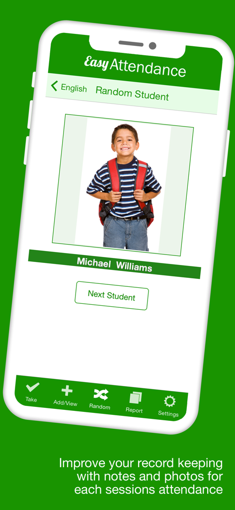 Pantalla de la aplicación Easy Attendance que muestra el perfil de un estudiante aleatorio con una foto y nombre.