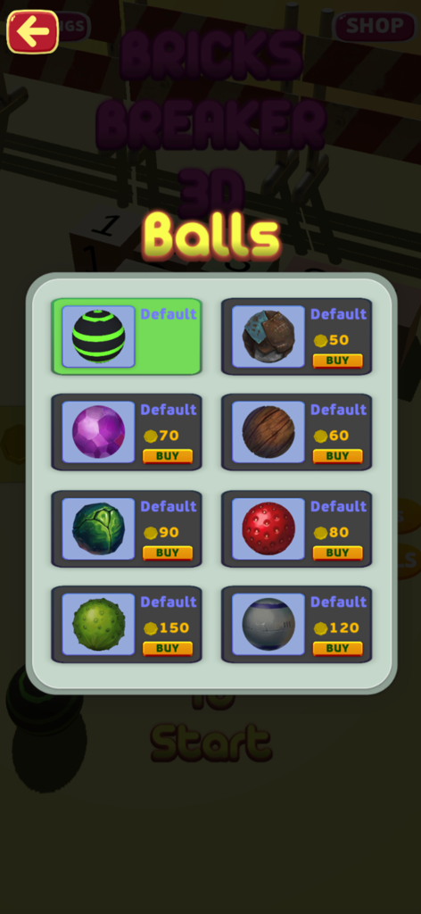 Bricks 3D Breaker - Bricks 3D Breaker ball shop menu displaying multiple unlockable ball skins with prices