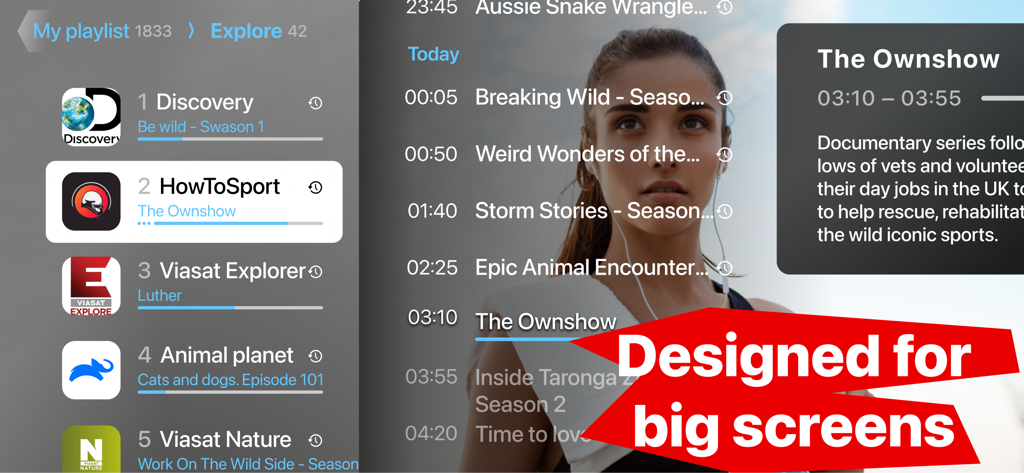 Alice Player IPTV Ott - Interfaz IPTV que muestra una lista de canales y guía de programación diseñada para pantallas grandes.