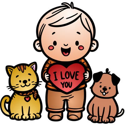 a baby holding a heart that says i love you with a cat and dog by it