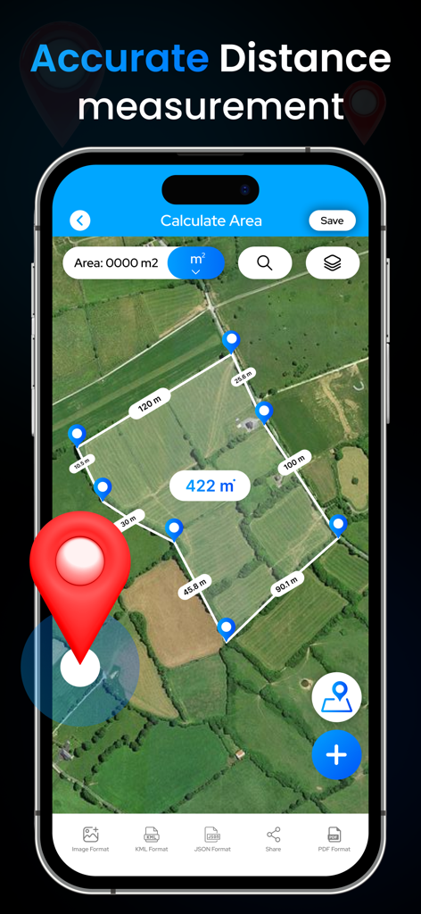 GPS Field Measure : Area Calc - Mobile app interface showing a satellite map with a polygon measurement of a land area