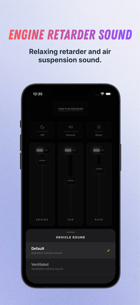 Retarder: Bus sounds - Interfaz de la aplicación Retarder con controles deslizantes ajustables para el ventilador del motor y los sonidos de lluvia con un selector de sonido del vehículo.