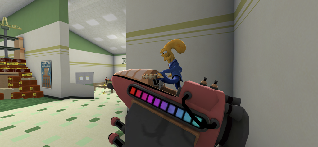 Octodad em um terno azul andando em uma máquina de brinquedo rosa em um supermercado