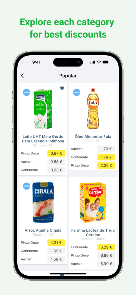 Preço Fresco: Compare prices - Interface da aplicação Preco Fresco mostrando comparações de preços de produtos alimentares populares em supermercados portugueses como o Continente e o Pingo Doce.