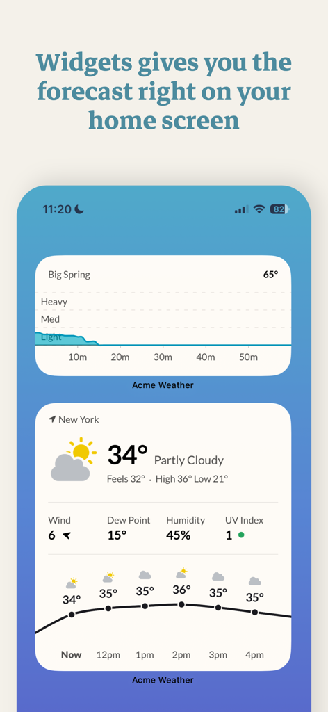 Acme Weather - Acme Weather app widgets on an iPhone home screen showing local weather forecasts and precipitation charts