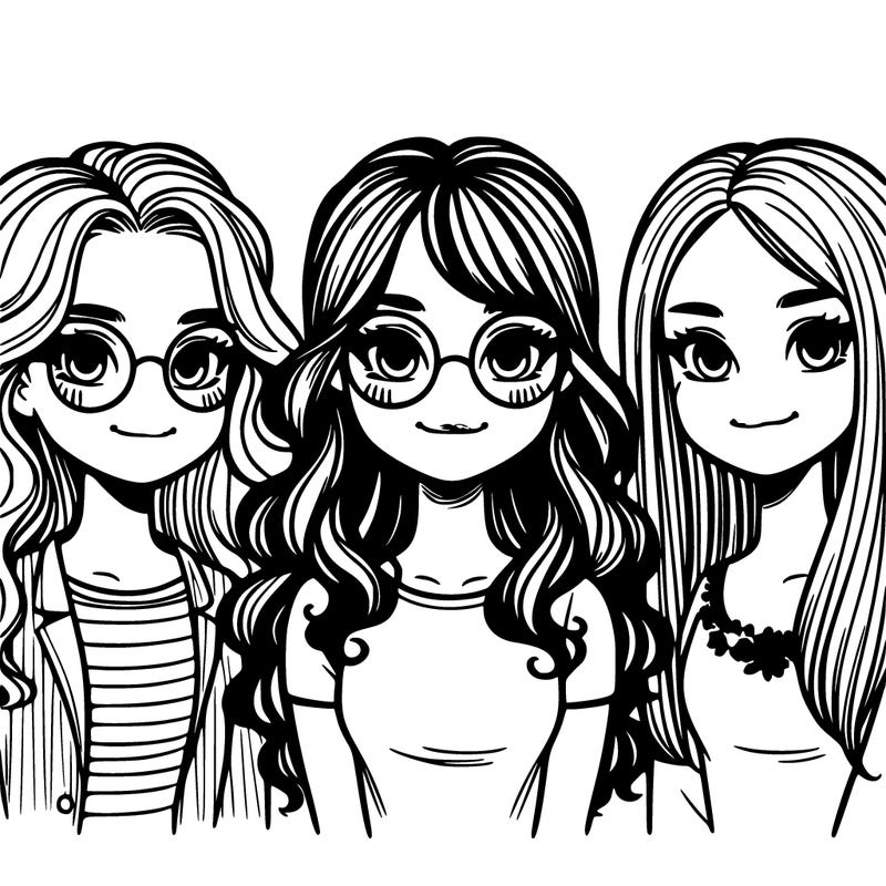 trio of girls one has long curly hair and glasses the other one has medium straight hair with glasses and the other one has long straight hair