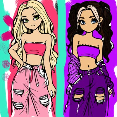 2 girls in crop tops and baggy jeans ripped