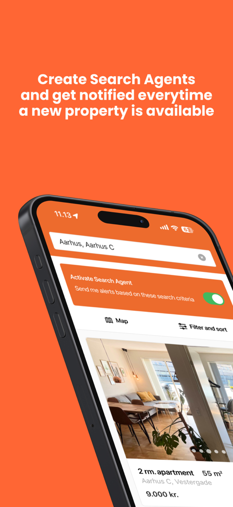 BoligPortal - BoligPortal app showing search agent activation for rental properties in Aarhus.