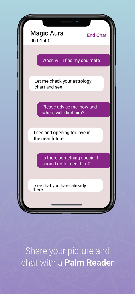 Uma sessão de chat ao vivo entre um usuário e um consultor psíquico chamado Magic Aura discutindo amor e relacionamentos.