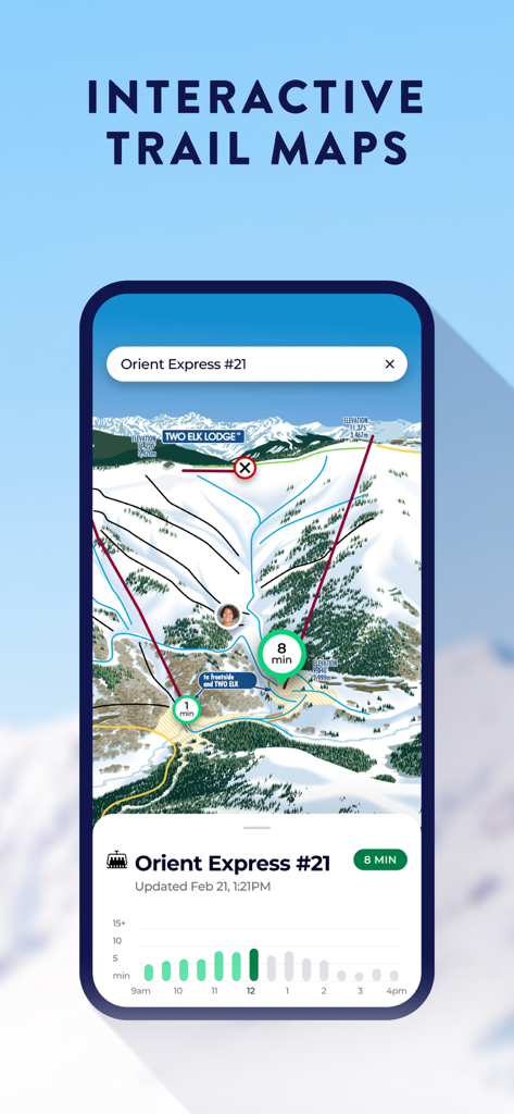 My Epic: Skiing & Snowboarding - Interactive trail map showing real-time lift wait times on the My Epic app