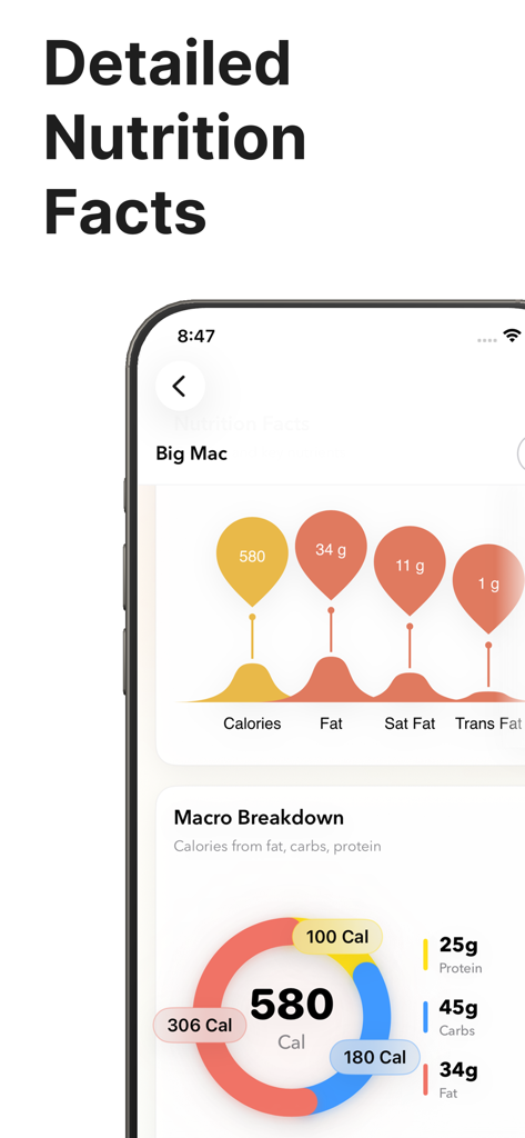 Cheat Day - Eat Out Smarter - チートデイアプリのスクリーンショット。ビッグマックの詳細な栄養成分とマクロ栄養素の内訳が表示されています。