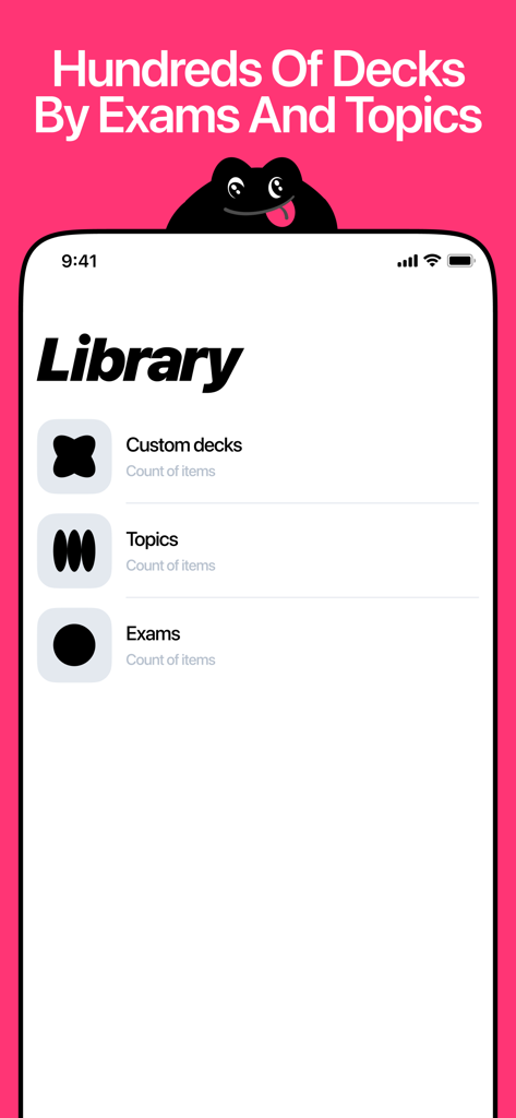 Kaeru: Learn Kanji Writing - Library interface of the Kaeru app showing Kanji study decks organized by custom categories, topics, and exams.