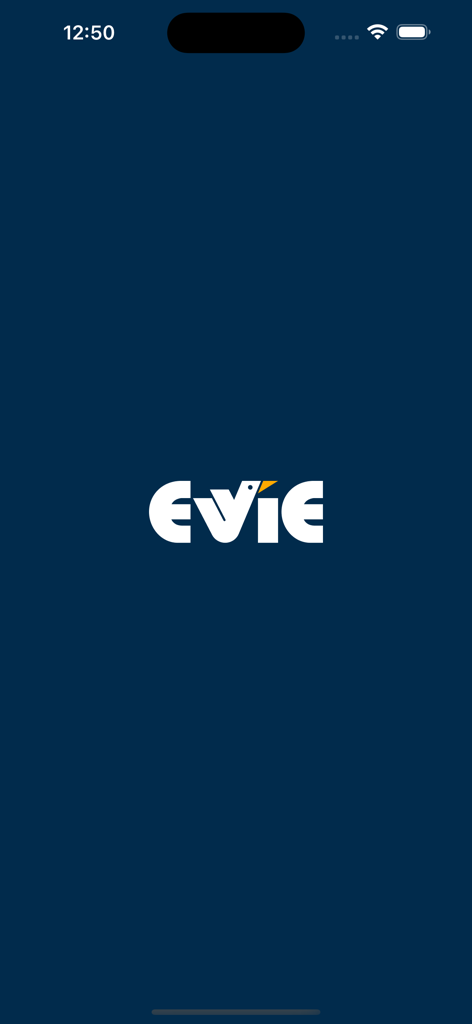 Evie Charging - The splash screen for the Evie Charging mobile app featuring a white logo on a dark blue background.
