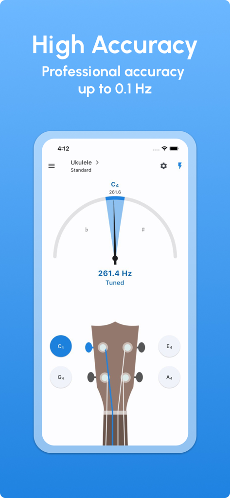 Ukulele Tuner - LikeTones - Benutzeroberfläche der Ukulele Tuner App mit hochpräziser Stimmung mit 0,1 Hz Genauigkeit