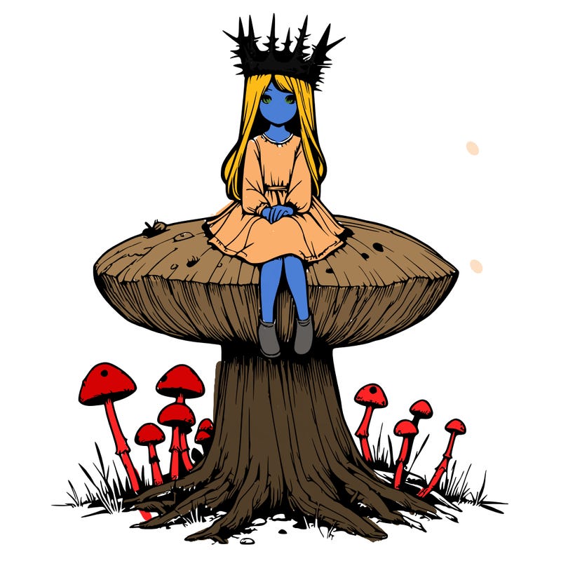 realistic girl sitting on a huge tree stump size toadstool with thorn crown