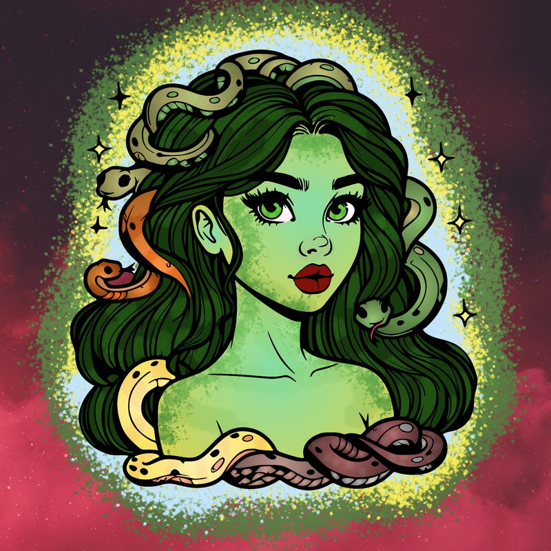 realistic girl with snakes as hair