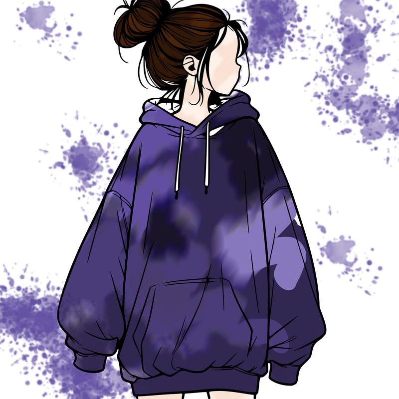 realistic girl with a oversized sweatshirt on and a bun