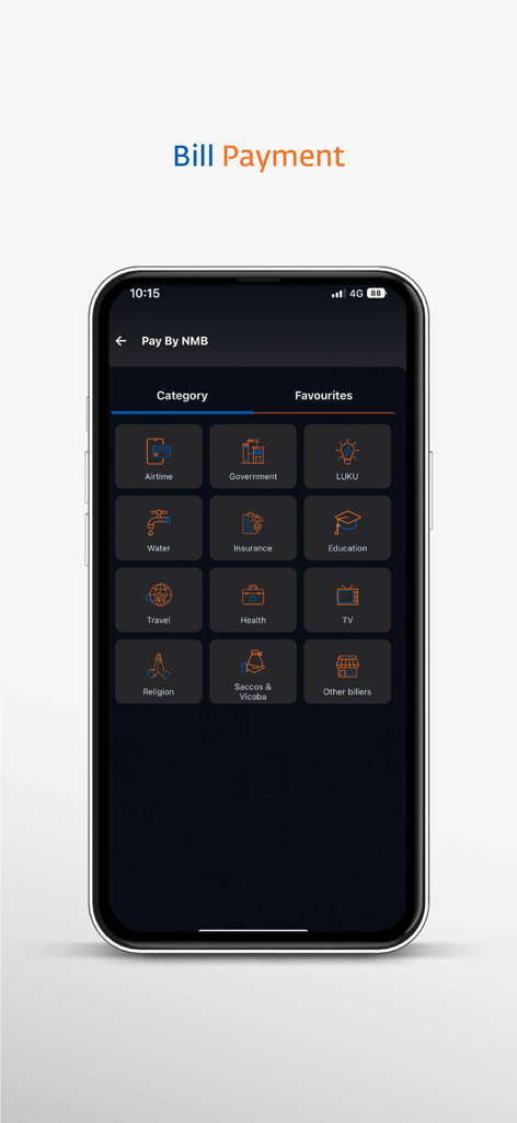 Interface de paiement de factures de l'application mobile NMB Mkononi montrant les catégories de services publics et de services