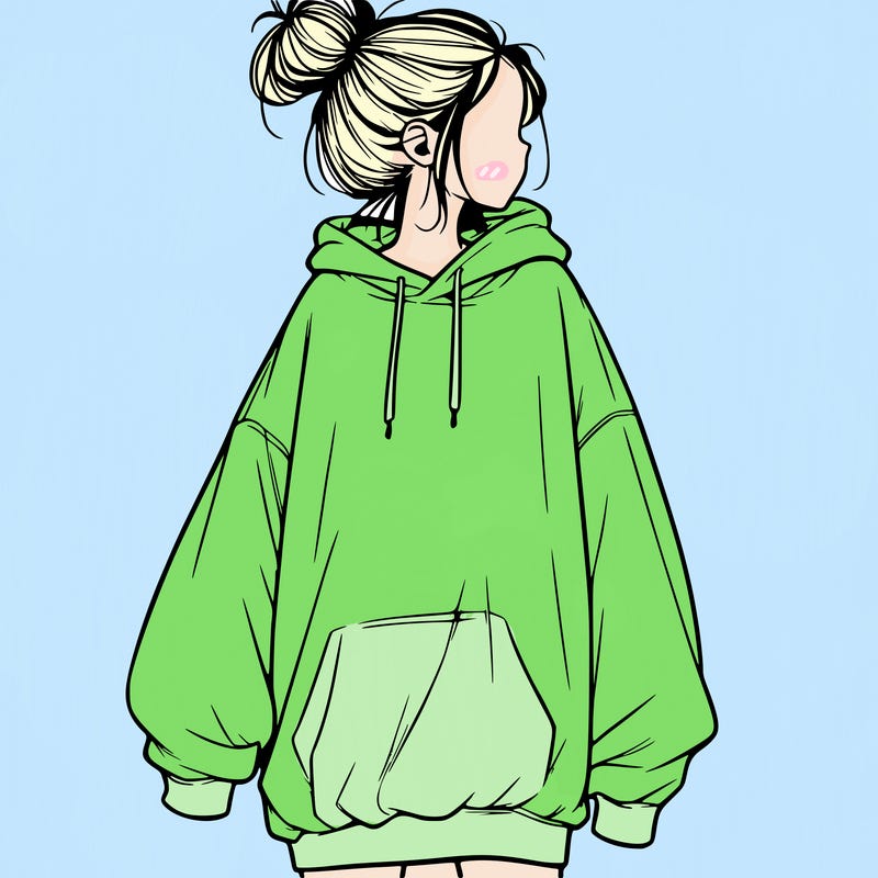 realistic girl with a oversized sweatshirt on and a bun