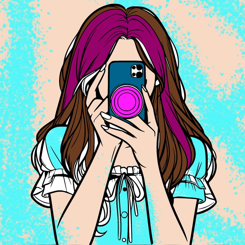 a realistic girl holding her phone taking pictures