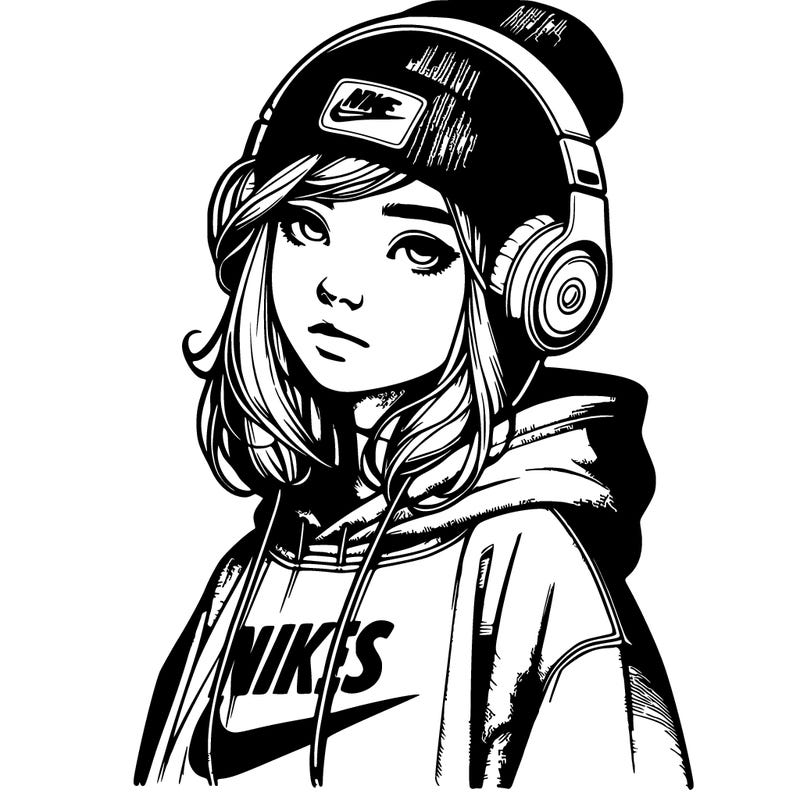 realistic girl wearing a hoodie and a beanie and headphones and nikes