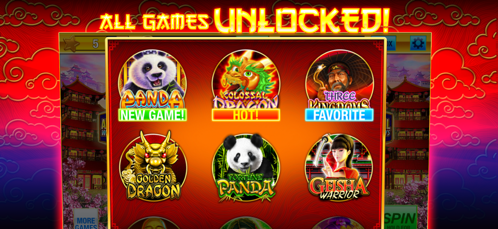 Golden Spin - Slots Casino - Schermata di selezione di Golden Spin Slots Casino che mostra varie slot machine a tema asiatico sbloccate
