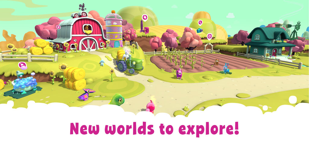 A vibrant farm world with pets in the Crayola Scribble Scrubbie Pets app
