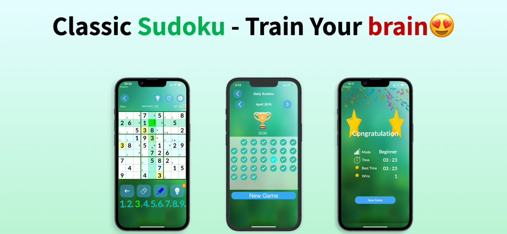 Three mobile phone screens showing Sudoku gameplay, daily challenge achievements, and puzzle completion stats