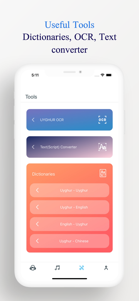 UYGHUR MAN app interface showing language tools including OCR script converter and multilingual dictionaries