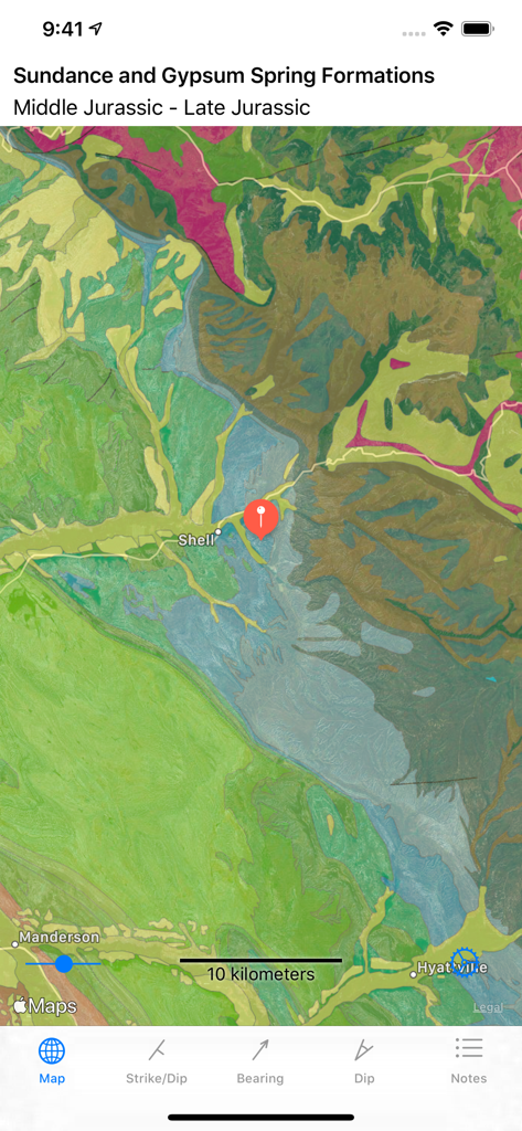 Strike and Dip - 地質図のインターフェース。岩石の形成とGPS位置ピンを表示しています。