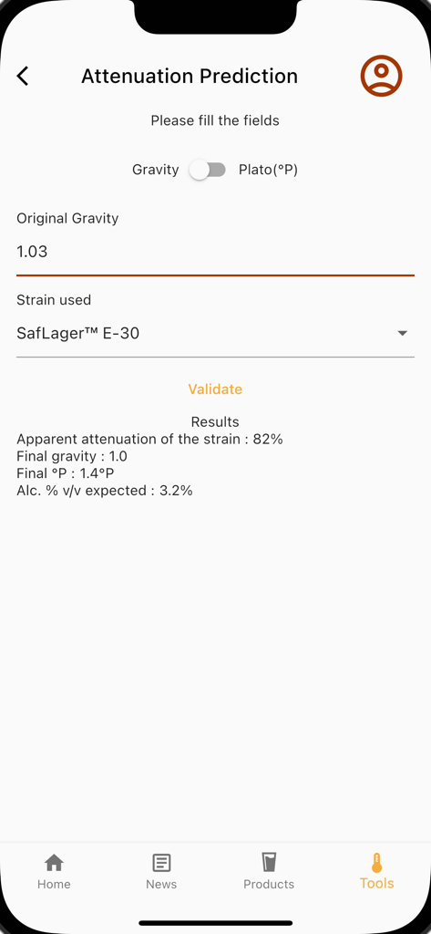 Fermentis - Écran de l'application Fermentis montrant l'outil de prédiction d'atténuation pour les souches de levure de brassage