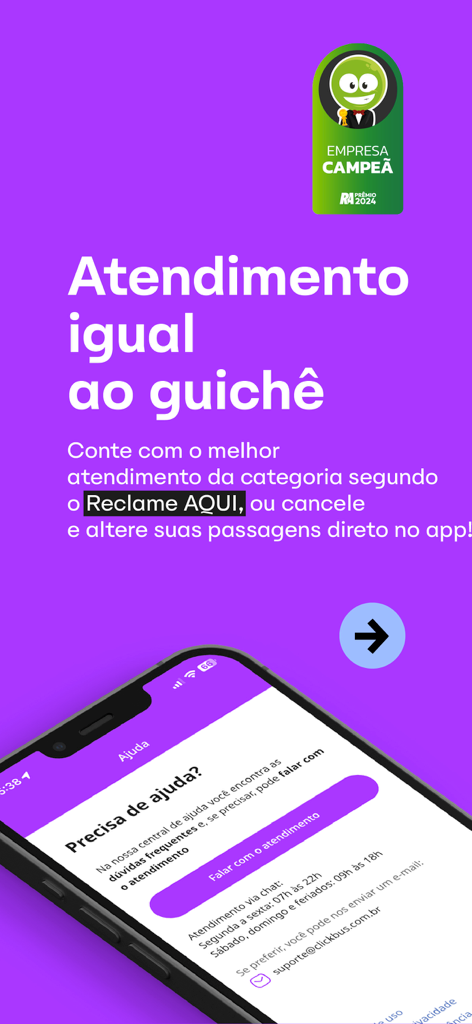 ClickBus mobile app showing customer service options and ticket management