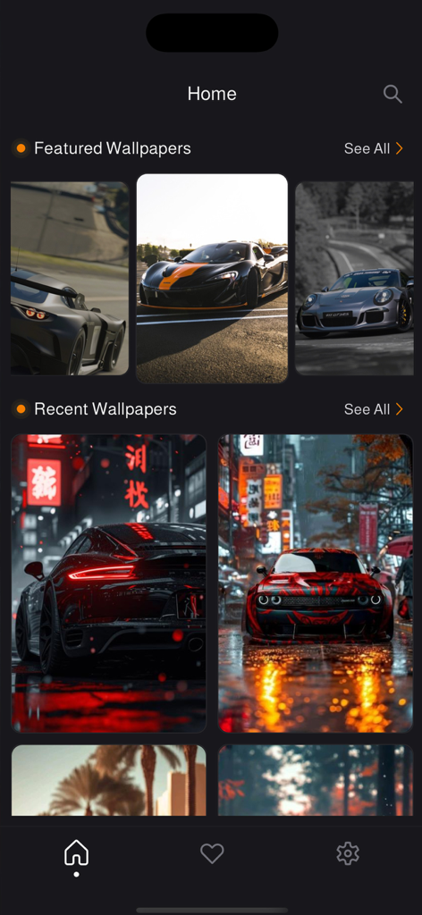 Car Wallpapers 4K | HD - Pantalla de inicio de la aplicación Fondos de Pantalla de Coches 4K mostrando fondos destacados y recientes de coches deportivos