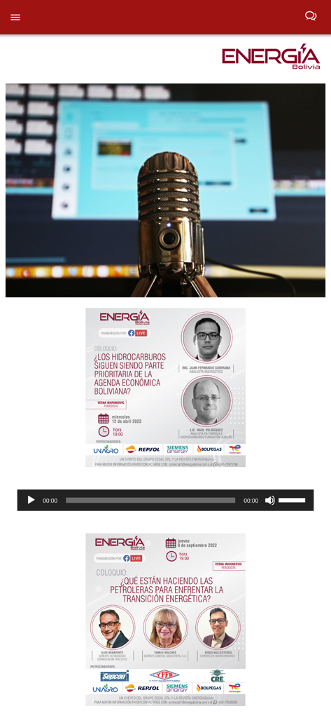 Sezione multimediale dell'app Energia Bolivia che mostra icone di podcast e poster di webinar sul settore energetico