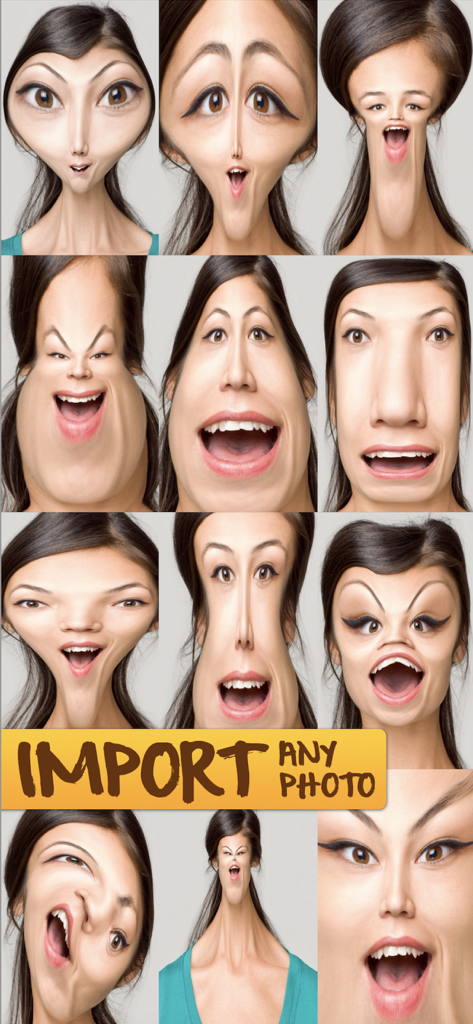 LOL Boothアプリで作成された面白い顔の歪みと変形のグリッド。Import Any Photoバナーが表示されています。
