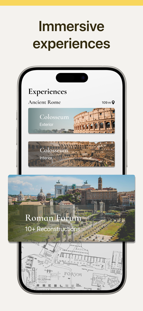 AR Rome Guide - Vivid Walks - Pantalla de iPhone que muestra experiencias de la aplicación Vivid Walks para el Coliseo y el Foro Romano.